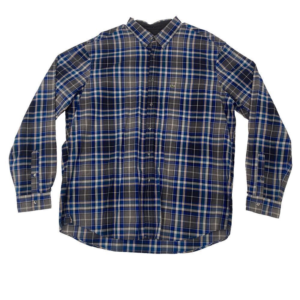 LACOSTE Men's Size 45  Blue Striped Long-Sleeve Button-Down Shirt Logo Cotton